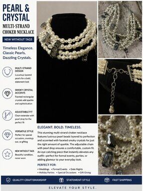 Faux Pearl Multi Strand Statement Necklace Smoky Crystal Choker NWOT